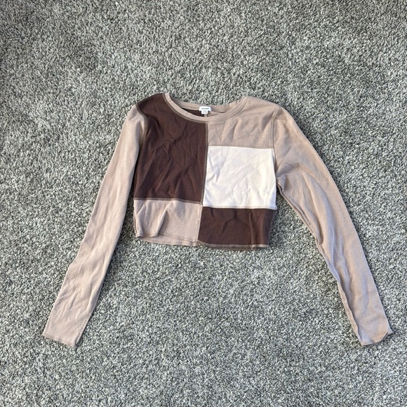 Tops - Garage Brown Block Long Sleeve Cropped Tshirt